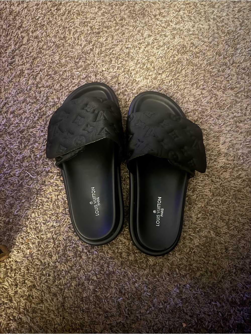 Louis Vuitton Black Embossed Monogram Slide Sandals